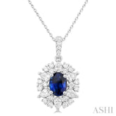 7x5 MM Oval Cut Sapphire and 3/4 ctw Pear & Round Cut Diamond Halo Precious Pendant With Chain in 14K White Gold